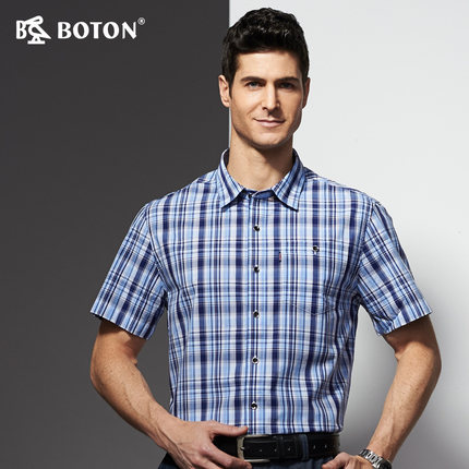 波顿\/Boton男士夏装格子衬衫短袖青年商务格纹
