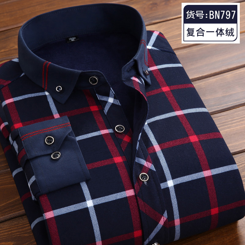 Mùa đông cộng với nhung dày trẻ lâu sleevewarm mens áo ấm cha trung niên mặc áo kẻ sọc cộng béo áo kích thước lớn.