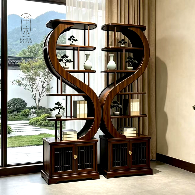 Medieval-Style Display Cabinet, Antique Shelf, Ebony Wood Solid Wood Living Room Multi-Purpose Cabinet, Tea Room Office Furniture Storage Rack