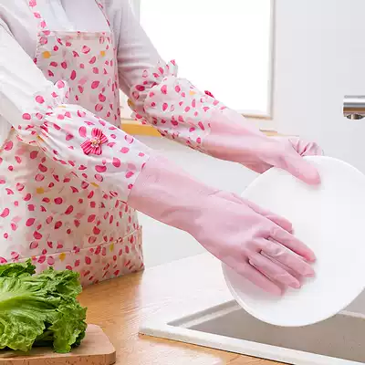 Dishwashing laundry gloves female plus velvet thickened latex rubber waterproof household kitchen housework brush bowl plastic rubber