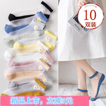 Socks women's socks shallow ins tide summer glass stockings women's thin cotton base spring and autumn crystal boat socks
