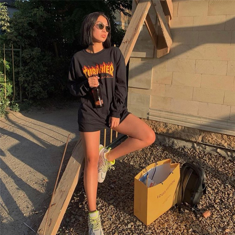 In-Stock Trendy Fashion Brand Thrasher American Classic Skateboard Top Printed Flame Long-Sleeve T-Shirt