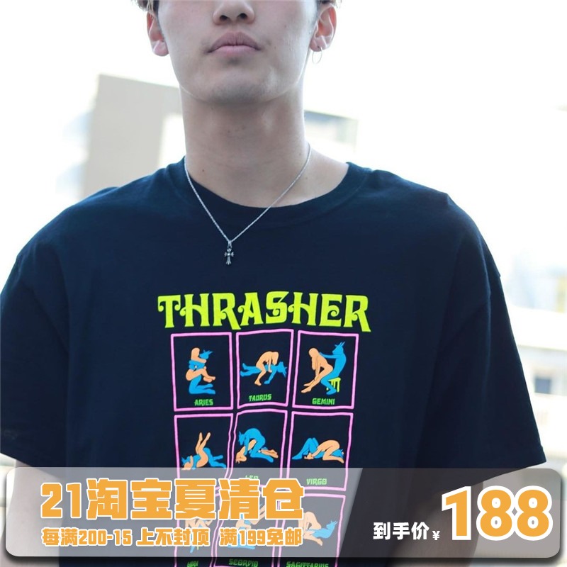Spot FASHION FUN THRASHER BLACK LIGHT S S TWELVE POSTURES PRINTED SHORT-sleeved T-shirt