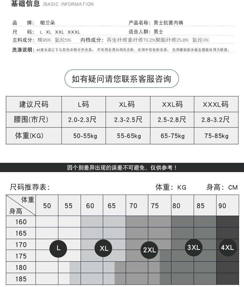 帕兰朵 男士 银离子抗菌内档 纯棉内裤 4条 图12
