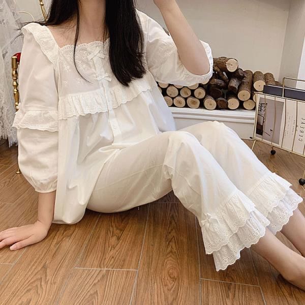100% Pure Cotton Pajamas for Women, Spring, Autumn and Winter, Three-Quarter Sleeves, Sweet and Cute, White Princess Style, Student Thin Style Home Wear