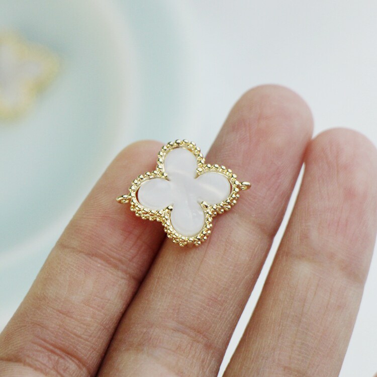 Pure copper plated 14K gold hollowed-out inlaid white butterfly fritillary bay four leaf grass double ring super-connected accessory diy hand-made earrings