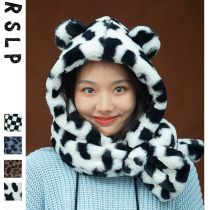 Ruosu Liangpin 2021 Winter cute rabbit plush bear ear Scarf neck hat with one warm day Joker