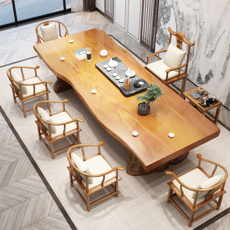 New Chinese Zen solid wood tea table log coffee table large board table Kung Fu tea table and chair combination simple modern long table