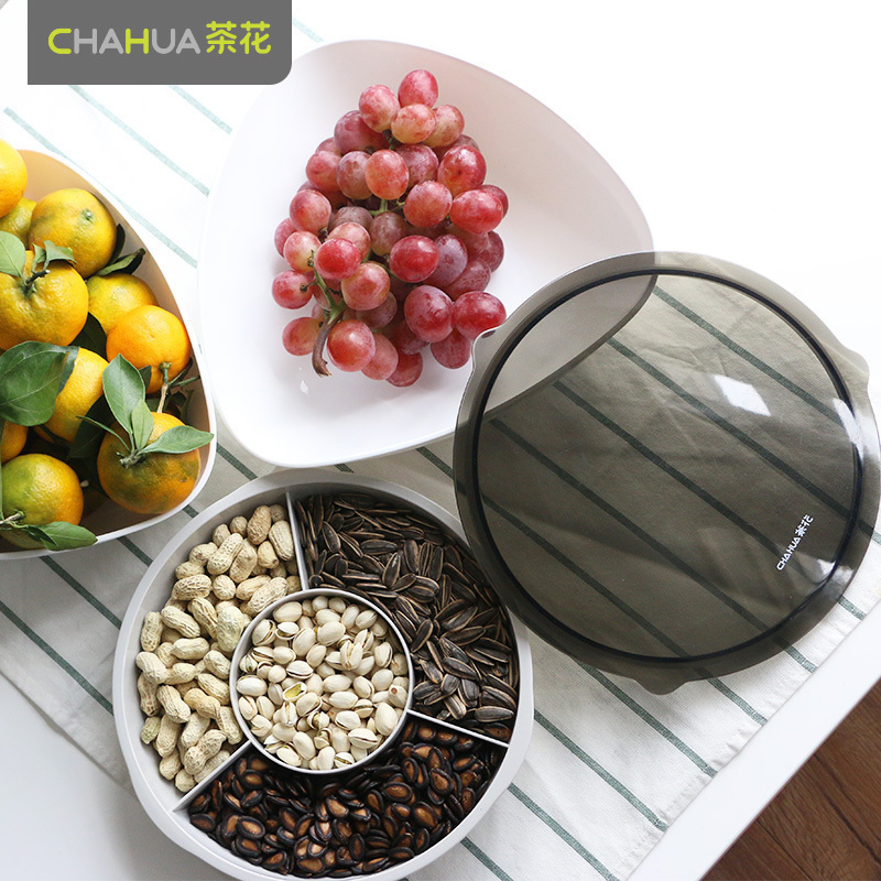 Camellia dried fruit plate sub-grid melon seed plate home living room candy box fruit plate plastic double-layer fruit plate box with lid