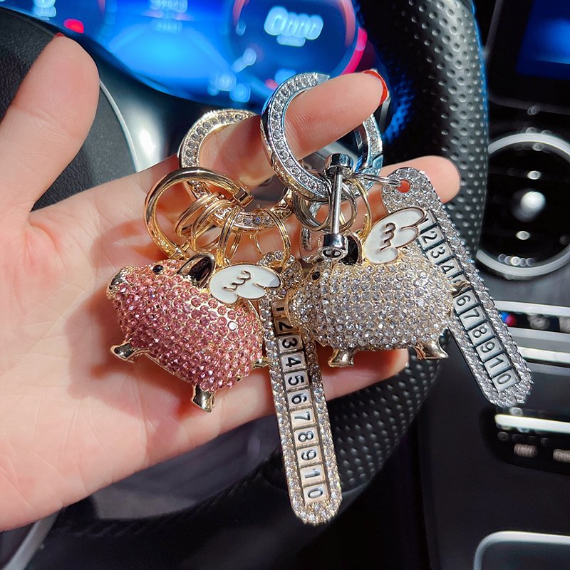 Car Zodiac Keychain with Diamond-Encrusted Number Plate, Anti-Lost Car Key Pendant, Cute Cartoon Couple Gift