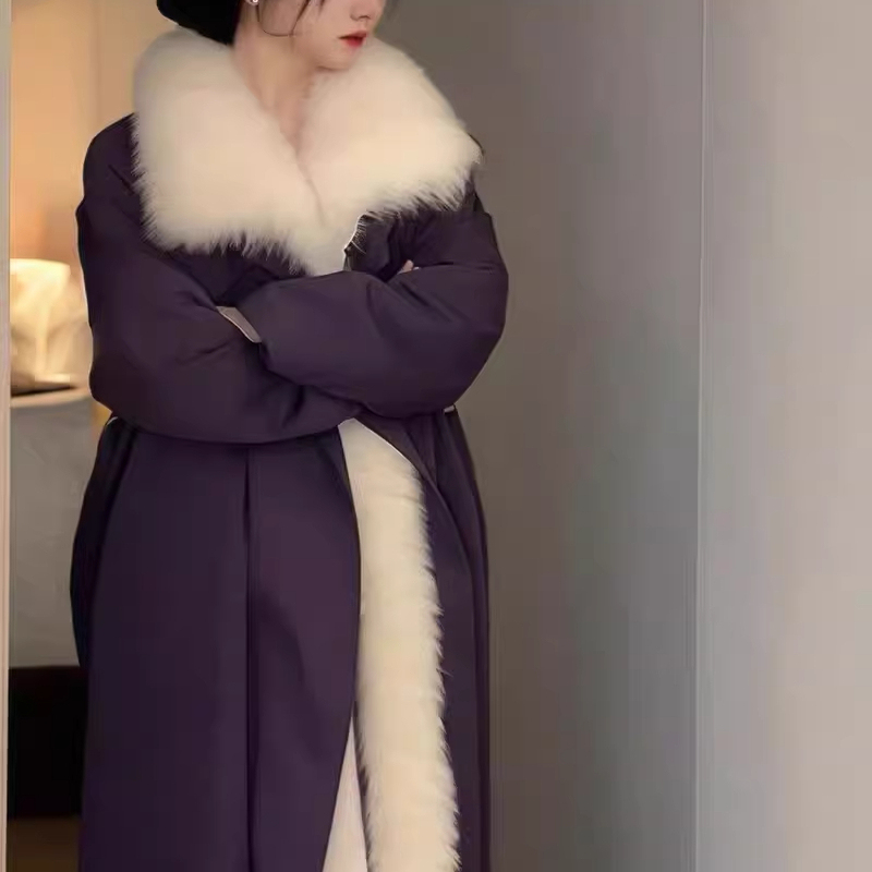 Long Over-The-Knee Parka for Women, 2025 Winter New Style, Fleece-Lined, Thickened, Waist-Cinching, Fox Fur Collar, Faux Fur Coat, Cotton Jacket