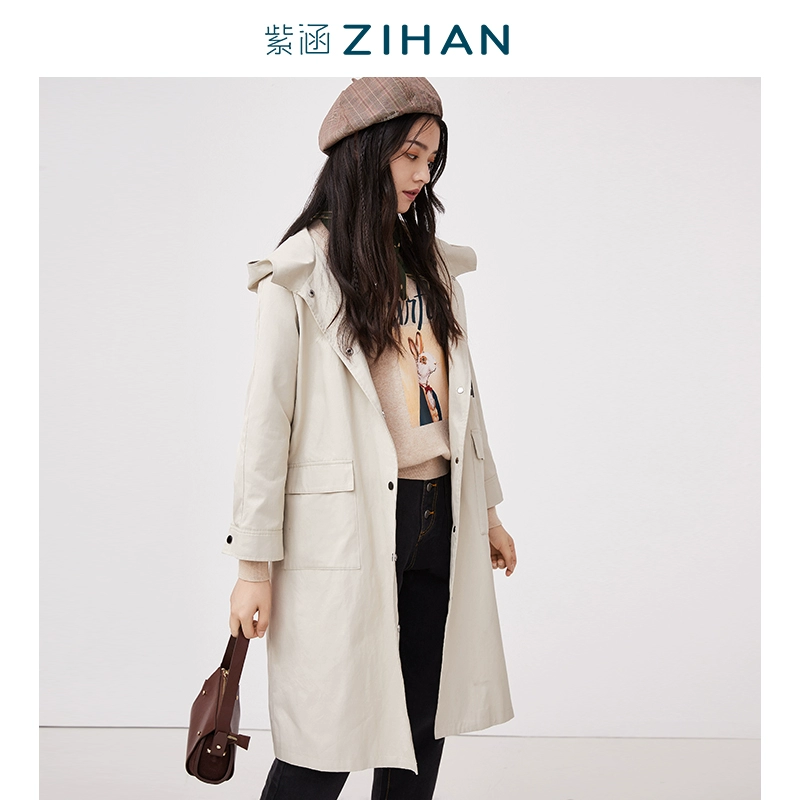 Màu tím Han Women mùa thu 2019 New Sen Series Loose Áo khoác hoang dã Hàn Quốc Trung bình Áo khoác dài thời trang Áo gió - Trench Coat