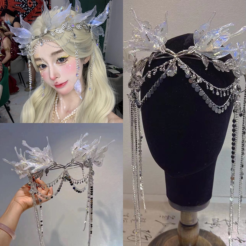 Exotic Mermaid Princess Full Set of Headwear, Super Fairy Mermaid Headband, Luxurious Long Tassel Bride's Light Luxury Headwear