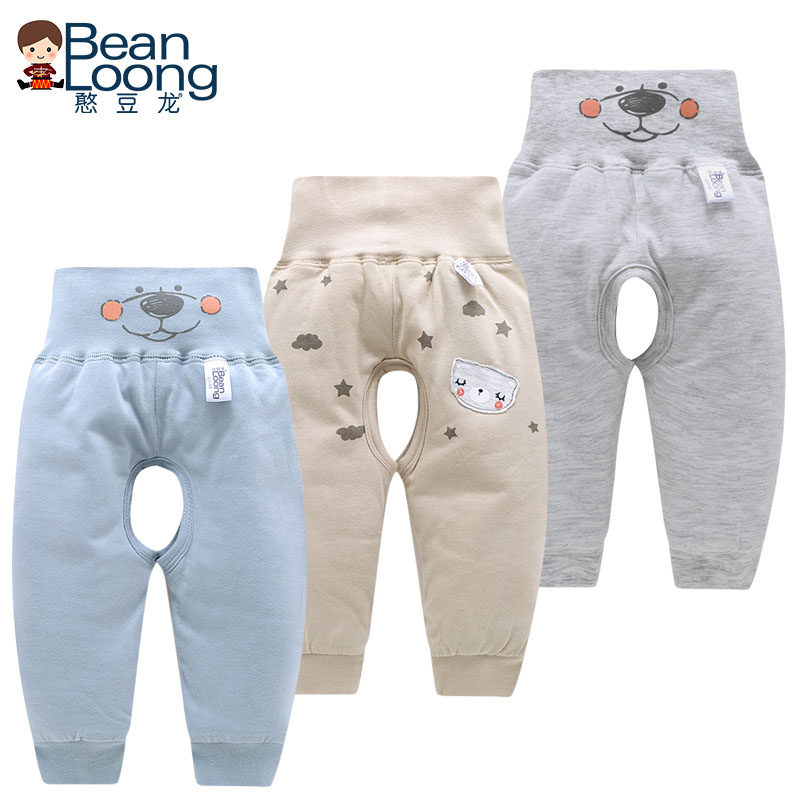 Han Bean Dragon Baby Protective Belted Pants Slim Cotton Pants Male Girl Girl Warm Can Open Crotch Pants Spring Autumn Thin clip cotton cotton pants