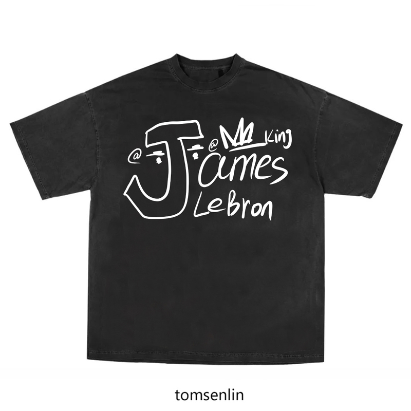 Tomsenlin Original Lebron James Hand-Drawn Illustration Simple Lettering Vintage Hip-Hop Short Sleeve