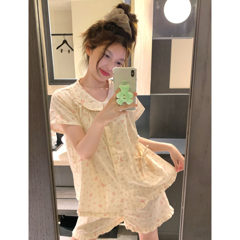 Cute Girl Pink Floral Doll Collar Double-Layer Gauze Pajamas for Women Summer Short-Sleeved Pure Cotton Home Wear Thin Set Cute Girl Pink Floral Doll Collar Double-Layer Gauze Pajamas for Women Summer Short-Sleeved Pure Cotton Home Wear Thin Set