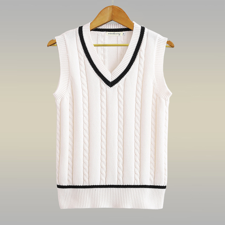 Thick Knitted Vest for Men, Autumn Korean Style, White V-Neck Sweater Vest, Cable Knit Sleeveless Sweater, Pure Cotton Vest