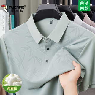 啄木鸟爸爸夏装桑蚕丝短袖T恤中年男士冰丝polo衫免烫抗皱体恤衫