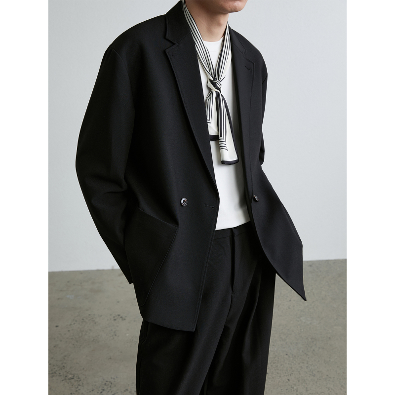 Autumn and Winter Old Money Style Black Casual Suit Set for Men, Loose Business Engagement Suit Jacket with Double-Breasted Buttons