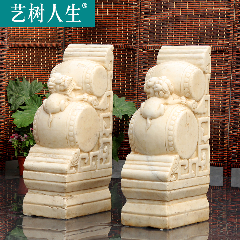 Art tree life Stone carving door pier Holding drum stone White marble antique Chinese courtyard door decoration ornament pair of stone piers