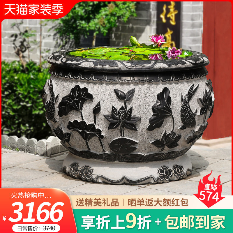 Qu Yang Stone Carving Fish Tank Natural Green Stone For Old Stone Vat Yard Outdoor Chinese Imitation Ancient Lotus Flower Round Fish Basin