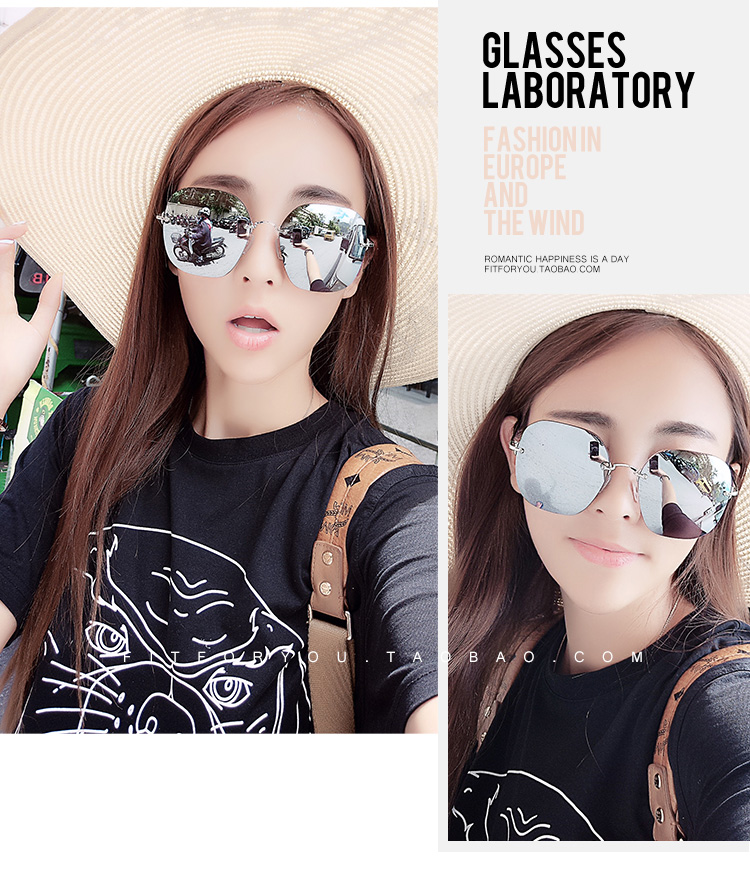 Thời trang không viền cắt kính râm nữ lưới đỏ mặt tròn dài Hàn Quốc phiên bản kính râm cá tính thủy triều Su Yan kính trang trí lớn kính mắt mèo