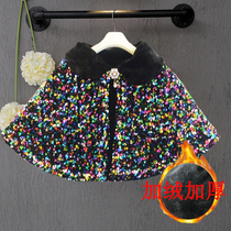 Children plus velvet thickened Beatty winter new gown black performance Cape Girl Shawl Bright sequel outside the show