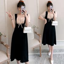 Summer new pregnant women Lions dress fashion Chaumaine Temperament Summer Black Dress Medium Long foreign air false Two snowspun skirts