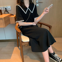 Large Code Gestational Woman Dress Blouse Summer Short Sleeve Loose Fish Tail Skirt Black Summer Long Dress Doll Collar Fataway Dress