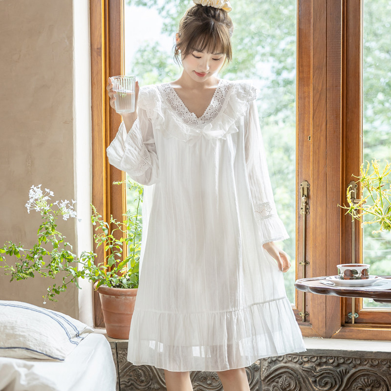 Princess Sleeping Dress Lady Spring Autumn Season New Pure Cotton Long Sleeve Cute Princess Wind Net Red Warm Elf The Same White Pyjamas