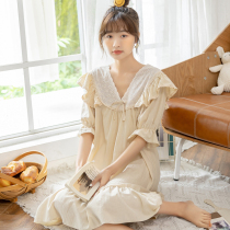 Sleepwear Skirt Woman Pure Cotton Summer Cute Short Sleeve Girl Princess Wind Full Cotton Lace Sleeping Skirt Palace Wind length