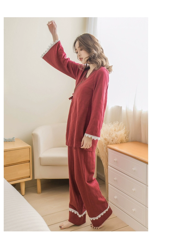 Bộ đồ ngủ dài cho phụ nữ mùa xuân và mùa thu phần mỏng cotton thuần Nhật Bản phong cách kimono retro dài tay phục vụ tại nhà cho phụ nữ ba mảnh địu - Cha mẹ và con