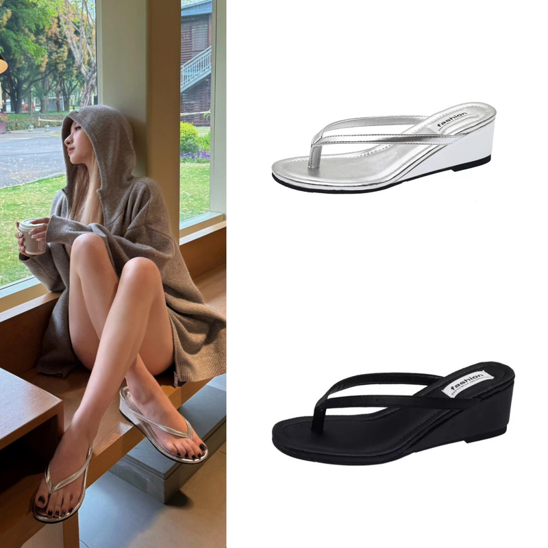 Zhao Lusi Style Wedge Flip-Flops Fairy Shoes for Outdoor Wear, Elegant French High-Heeled Sandals for Women