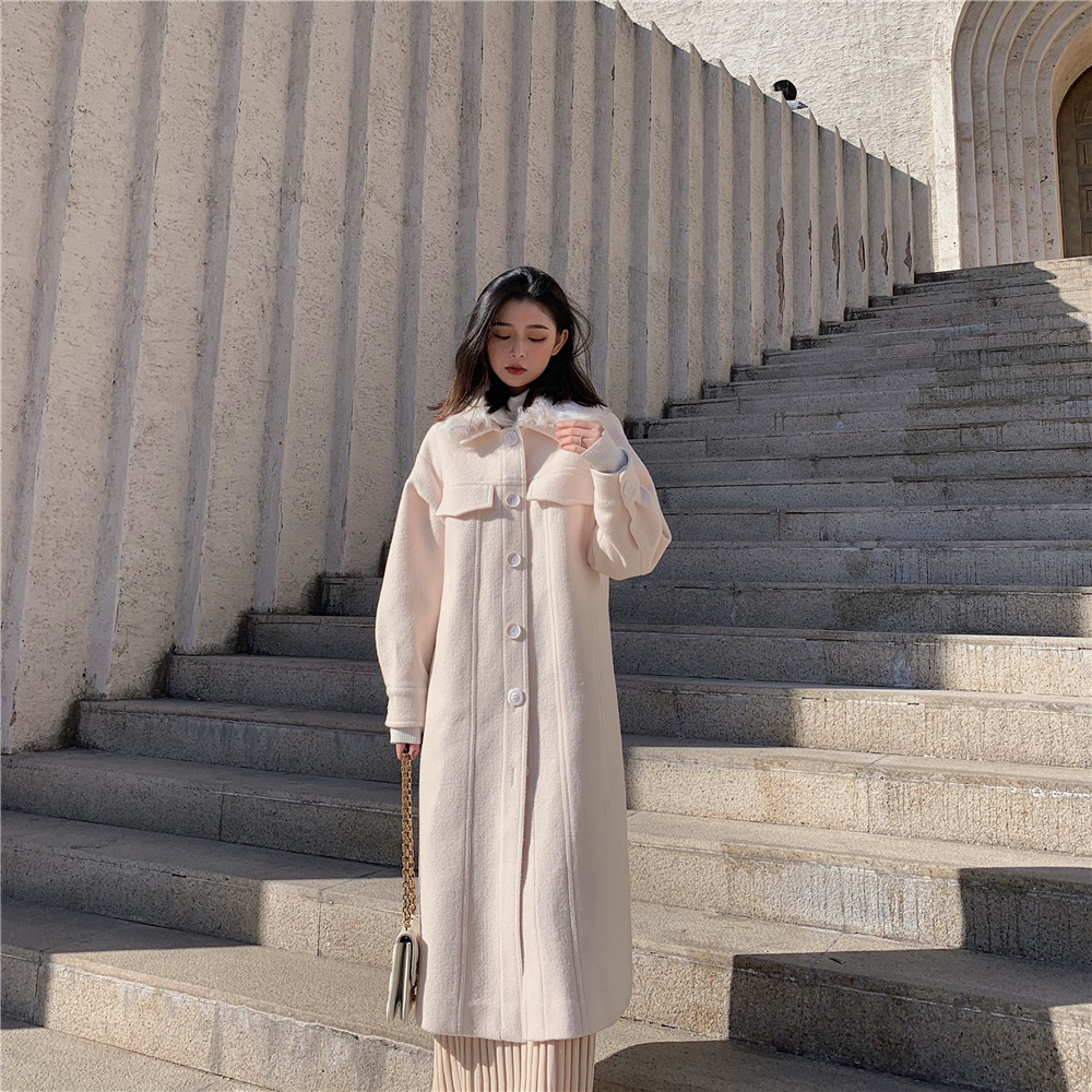 WALKINDARK] Lamb wool real fur collar detachable lotus root white woolen coat autumn and winter warm and thin long coat