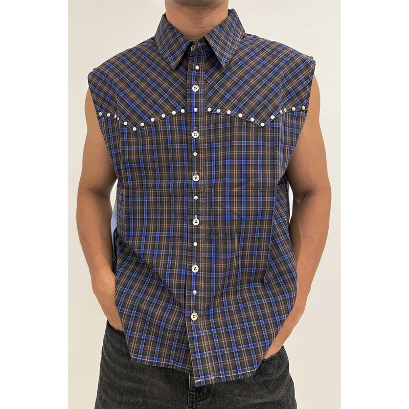 Savagereverie Plaid and Striped Vest Shirt with Rivets, Layered for Summer, Thin, Flattering, Sleeveless Tank Top