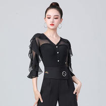 New Tanbao Roo 70% Sleeve One-piece Clothes Lotus Leaf Side Dancing Clothes Morden Latin Dance Suit Dancing Blouses Women Dancing Clothes