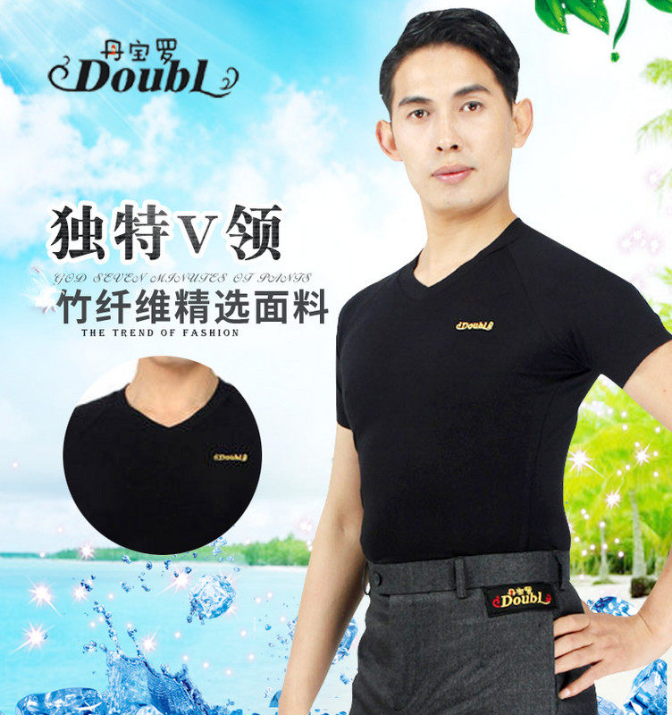 Dampolo Men Latin Dance Short Sleeve Town Modern Training Costume National Standard Dance V-Collar Square Social Dance