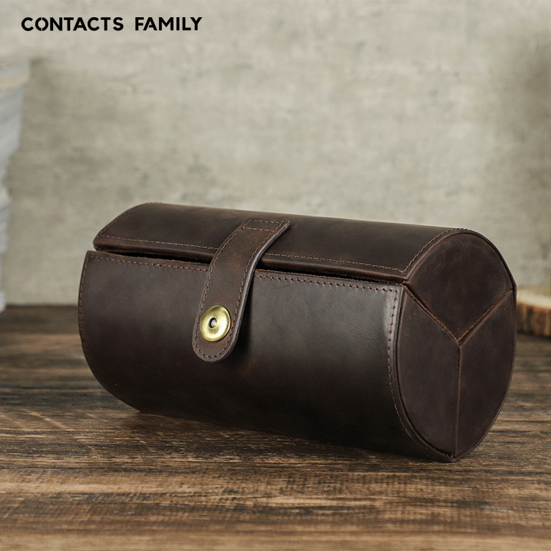 New Vintage Crazy Horse Leather Glasses Case, Handmade Creative Cylindrical Outdoor Travel Three-Glasses Storage Box, 3 Pairs of Anti-Drop and Pressure-Resistant Gift Box for Travel