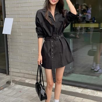 Ins korean style autumn temperament retro large pocket belt waist casual simple loose shirt dress