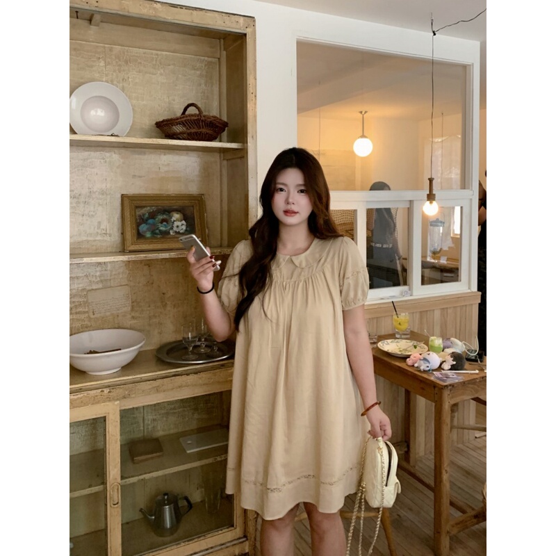 Wang Grape Slightly Chubby mm French Doll Collar Short-Sleeved Dress for Women, Summer Casual Loose Fit, Tummy-Covering, Slimming, Plus-Size Short Dress Wang Grape Slightly Chubby mm French Doll Collar Short-Sleeved Dress for Women, Summer Casual Loose Fit, Tummy-Covering, Slimming, Plus-Size Short Dress