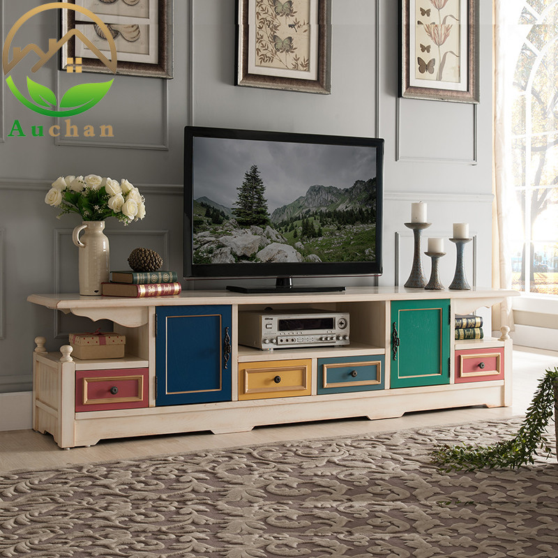 Mediterranean TV cabinet Tea Table Combo Solid Wood Living Room American Countryside Style Small Family of Kitchen Wood Furniture