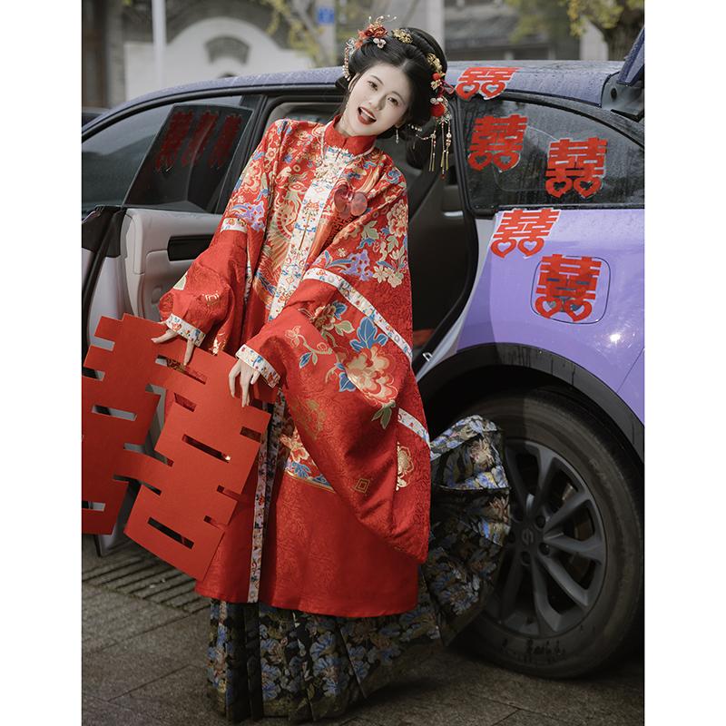 Qingru Gu's Original Hanfu Ming-Style Imitation Makeup Floral Double-Breasted Stand-Collar Long Jacket Mamian Skirt Engagement Dress, Toast Dress, Wedding Dress
