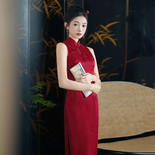 Красное ципао без рукавов, легкий сексуальный приталенный корсет, свадебное платье, китайский стиль, светлый стиль