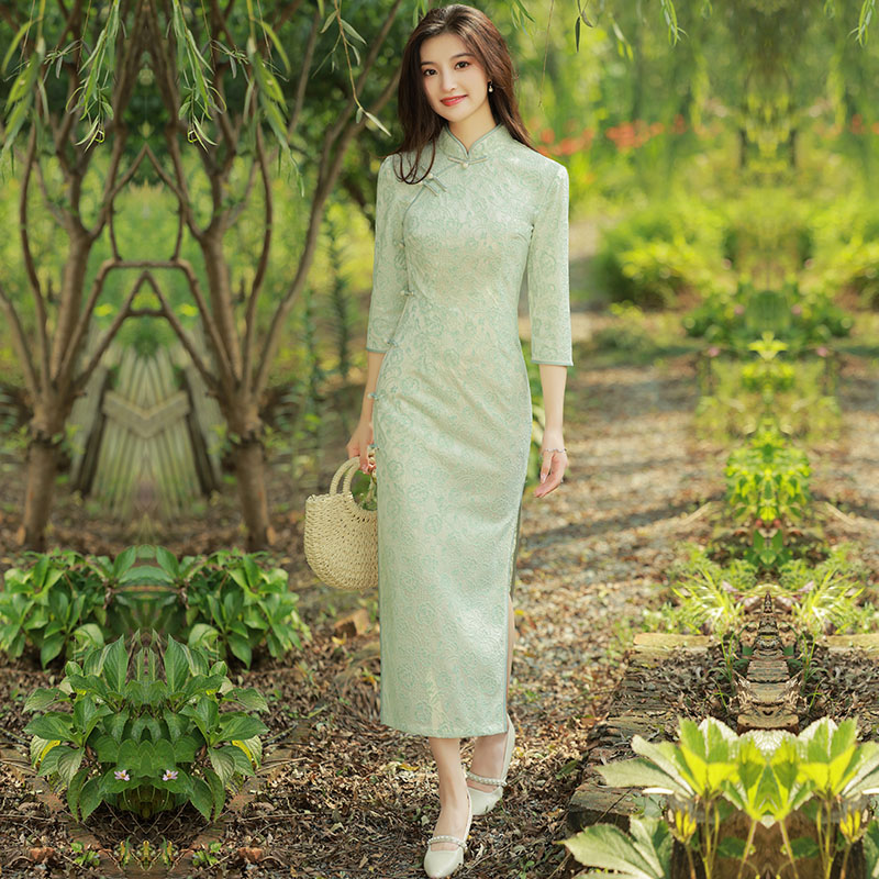 Lace long lightweight cheongsam, retro elite autumn dress, skirt, 2023 years, light style
