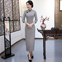 Long cheongsam spring and autumn 2021 new female Chinese style elegant retro Seven-sleeved cheongsam modified version dress