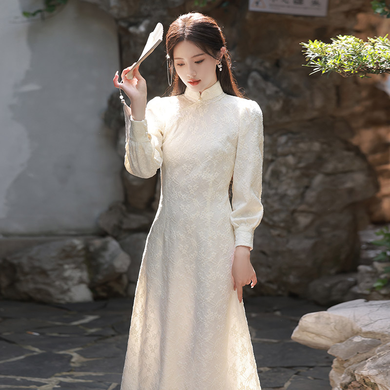 Lace spring cheongsam, lightweight dress, lace dress, Chinese style, light style, long sleeve