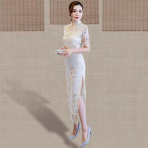 Cheongsam 2021 new female retro Chinese style lace middle sleeve cheongsam improved version dress long temperament