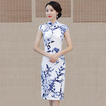 Blue and white porcelain cheongsam summer 2021 new young womens retro daily cheongsam improved dress long