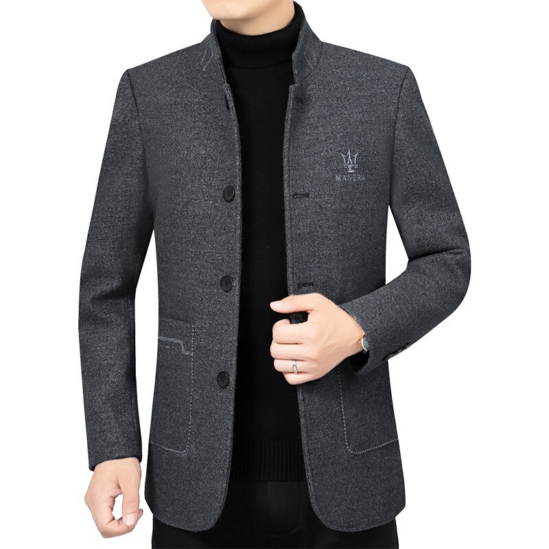 Middle-Aged Men's Thickened Woolen Woolen Jacket 2022 Autumn and Winter New Style Stand-Up Collar Casual Dad Woolen Coat for Men