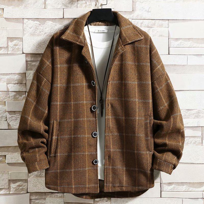 2020 Plaid Jacket for Men, Casual Spring and Autumn Single-Breasted Loose Fit Japanese Style Lapel Youth Short Woolen Coat